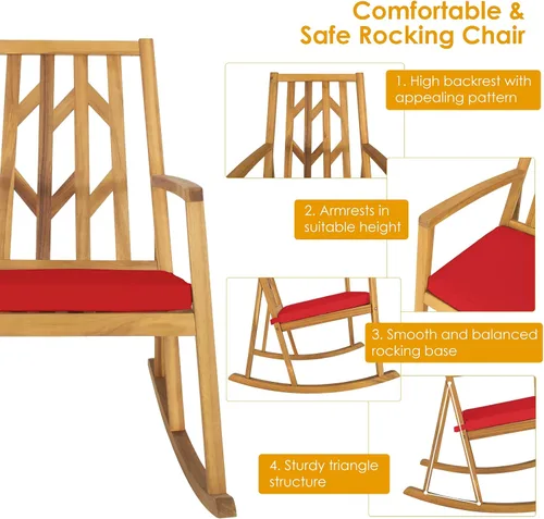 Miniatura 7 de Tangkula Mecedora de madera de acacia para patio, con cojín extraíble de alta densidad, resistente a todo tipo de clima, base equilibrada, perfecta