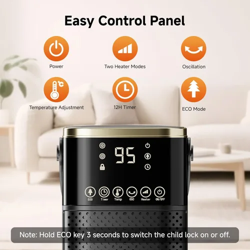 Miniatura 2 de Calentador de espacio para uso en interiores, calentador eléctrico de cerámica PTC de 1500 W con termostato, oscilación de 45°, temporizador de 12