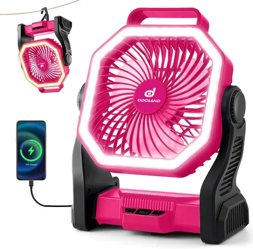Miniatura 10 de Odoland Ventilador de campamento recargable, ventiladores de batería de 20000 mAh con linterna LED para tienda de campaña, auto, tormenta de playa