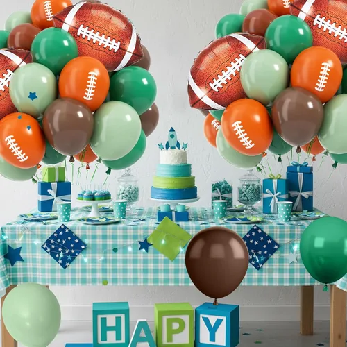 Miniatura 5 de Globos de fútbol, globo de látex marrón salvia de 12 pulgadas con globos de papel de aluminio impresos de fútbol, decoraciones de fiesta de fútbol