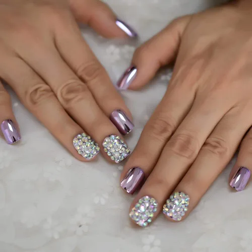 Miniatura 10 de Coolnail - Puntas de uñas postizas de acrílico rosa metálico sexy, strass rosa claro, espejo decorativo brillante, uñas artificiales cortas L5538