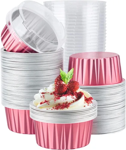 Miniatura 22 de EUSOAR Moldes de aluminio para magdalenas de varios colores, moldes de aluminio de 5 onzas para hornear, recipientes de postre con tapas, tazas de 5
