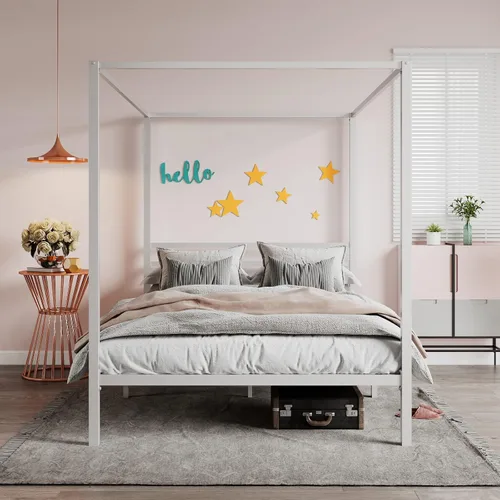 Miniatura 6 de SHA CERLIN Marco de Cama con Dosel de Metal Tamaño Queen/Base de Colchón con Soporte de Listones de Metal/No Necesita Somier/Fácil Montaje/Blanco