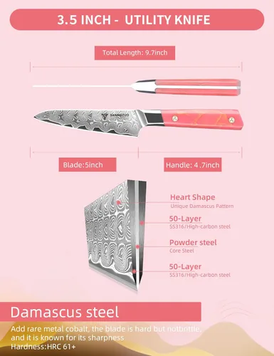 Miniatura 4 de Cuchillo de Utilidad de Cocina de 5 Pulgadas, Cuchillo de Chef Profesional de Cocina, Acero en Polvo de Damasco Ultra Afilado con Mango de Resina