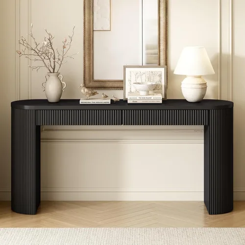 Miniatura 20 de Elegante mesa consola de 63 pulgadas con chapa de pino y patas geométricas, aparador de buffet versátil, mesa auxiliar de madera extra larga