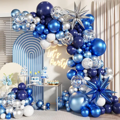 Kit de arco de guirnalda de globos de color azul, blanco y plateado, 140 piezas globos de confeti azul marino claro metálico plateado y blanco con