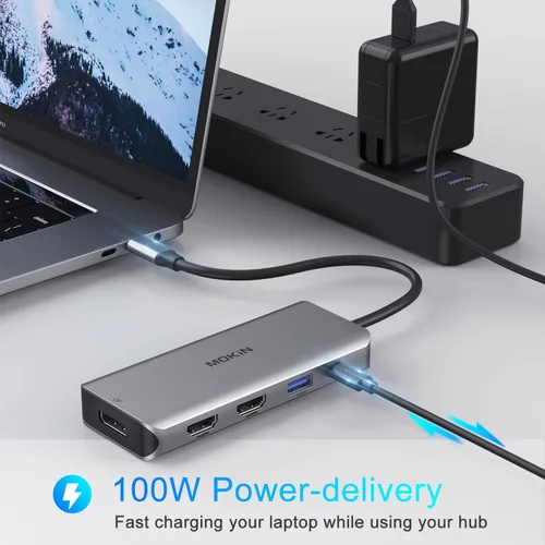 Miniatura 5 de Estación de acoplamiento, adaptador USB C, adaptador multipuerto de pantalla triple 9 en 1 con 2 HDMI 4K, DisplayPort, 3 USB, 100 W PD, lector