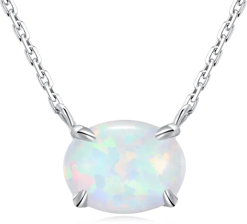 Ellena Rose Collar de ópalo de plata de ley, plata de ley 925, pequeño y delicado ópalo ovalado para mujer, collares de piedras preciosas, joyería