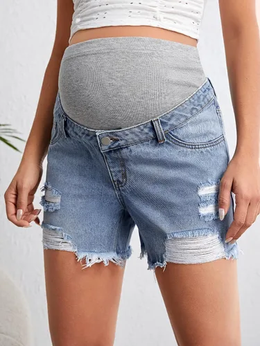 Miniatura 4 de Verdusa Pantalones cortos de mezclilla de maternidad para mujer, cintura alta, rasgados, dobladillo sin procesar, pantalones cortos de embarazo