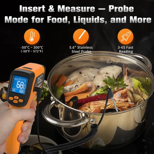 Miniatura 3 de Termómetro Infrarrojo Pistola de Temperatura, Láser Digital Sin Contacto Temp -58°F a 1472°F, Sonda Tipo K -58°F a 572°F, para Cocinar, Horno