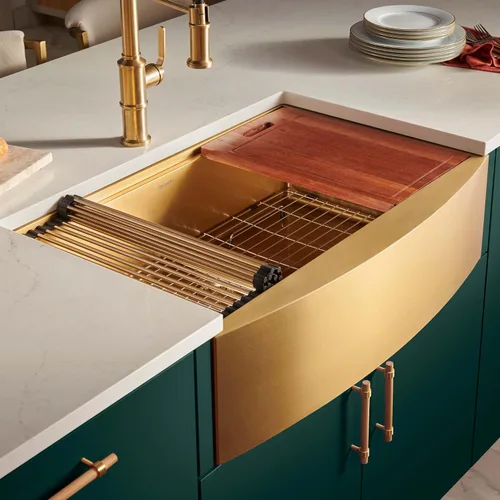 Miniatura 2 de Ruvati RVH9207GG RVH9207GG - Fregadero de cocina con estación de trabajo dorado mate de 33 pulgadas, de acero inoxidable en tono latón con acabado