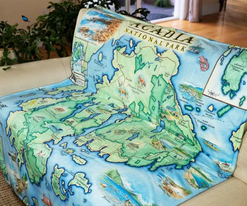 Miniatura 2 de Xplorer Maps Manta de forro polar del Parque Nacional Acadia Manta de 58 x 50 pulgadas Arte original dibujado a mano