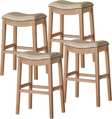 Miniatura 17 de Maven Lane Adrien Taburete de bar sin espalda, asiento de silla de montar de 31 pulgadas con reposapiés, marco de madera maciza gris y tapicería