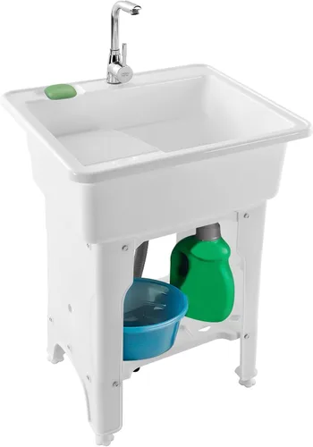 Fregadero de plástico independiente, fregadero de plástico con bañera de lavadero, fregadero con mangueras de grifo frías y calientes y kit de