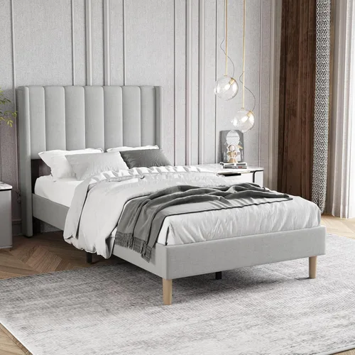 Miniatura 23 de Marco de Cama Tapizada de Plataforma Tamaño Full con Cabecero, Soporte de Listones de Madera Resistentes, No Necesita Somier, Montaje Fácil, Beige