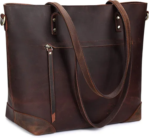 S-ZONE - Bolso de mano de piel auténtica vintage para portátil, Bolsa de trabajo para mujeres con bolsillo trasero con cremallera