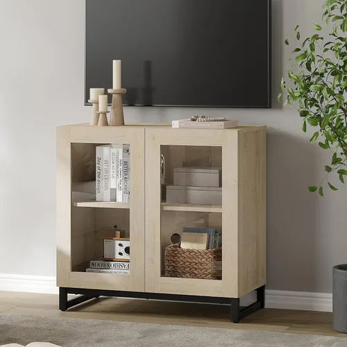 WAMPAT Moderno soporte de TV con puertas de vidrio para televisores de 32 a 40 pulgadas, consola central de entretenimiento con estantes ajustables