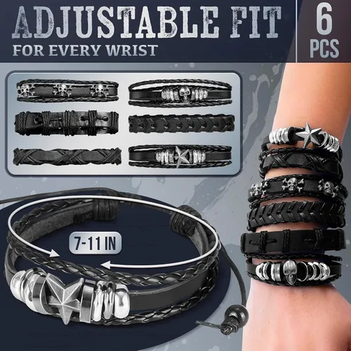 Miniatura 2 de 6 pulseras emo de cuero para hombres y mujeres, joyas góticas ajustables punk rock, diseños de estrellas de calavera, se adapta a muñecas de 7 a 11