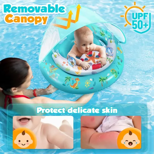 Miniatura 2 de Flotador de piscina para bebé con dosel de protección solar UPF50+, flotadores inflables para piscina de niños con consola de juego para bebé de 6 a
