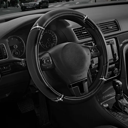 Miniatura 8 de Road Comforts Funda de cuero para volante, fabricada con piel de PVC, antideslizante, ajuste universal de 14 1/2 a 15 pulgadas, color negro