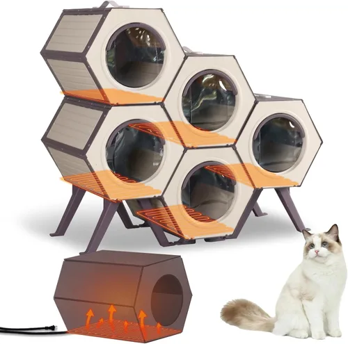 Miniatura 7 de GUTINNEEN Casa para gatos con calefacción expandible para múltiples gatos, aislada para invierno, cálido refugio para gatos con calentador ajustable