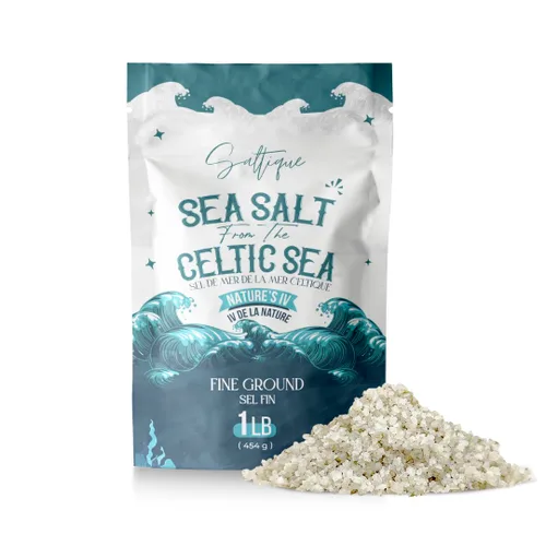 Sal marina gris francesa del mar celta fina molida - 100% sin refinar y sin procesar - Sal mineral cosechada a mano (1 libra)