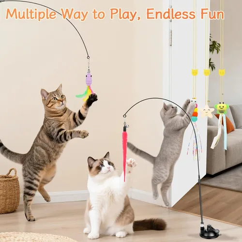Miniatura 2 de Atosun Juguetes interactivos para gatos, 15 juguetes de varita y plumas para gatos de interior, juguetes reutilizables con ventosa para gatitos
