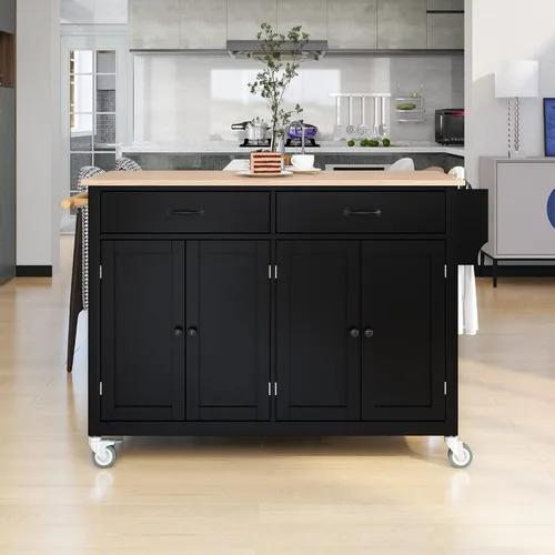 Merax Carrito móvil de isla de cocina con tapa de madera y ruedas de bloqueo, armarios de 4 puertas y 2 cajones, estante para especias y toallas,