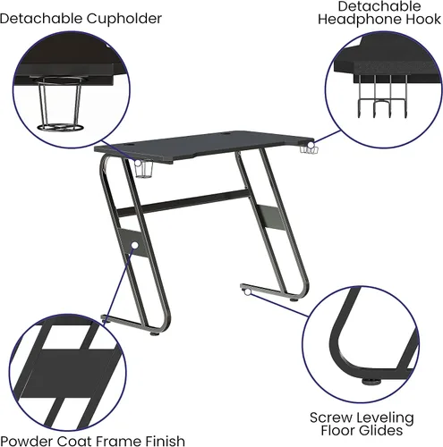 Miniatura 4 de Flash Furniture Fisher - Escritorio ergonómico negro para computadora, mesa de jugadores de 51.5 pulgadas con soporte para tazas y gancho