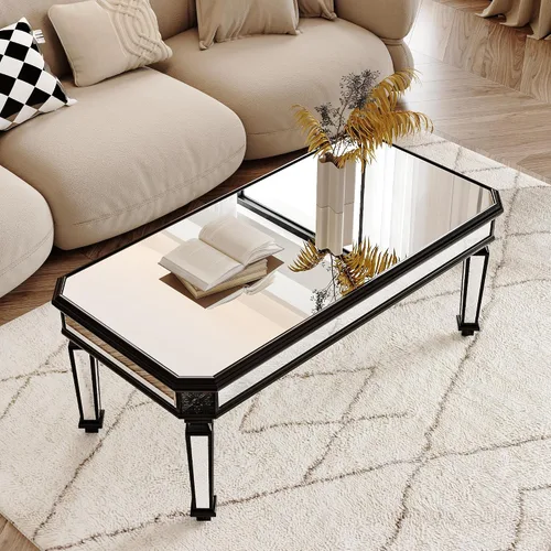Miniatura 3 de Polibi Mesa de centro con espejo plateado, mesa central rectangular tallada vintage de vidrio con acabado de espejo para sala de estar y oficina