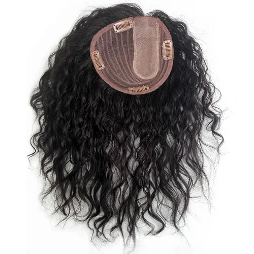 Miniatura 2 de Peluca de cabello humano rizado natural para mujer, con clip, 5.1 x 5.5 in, parte superior plateada, parte izquierda para cubrir pérdida de cabello