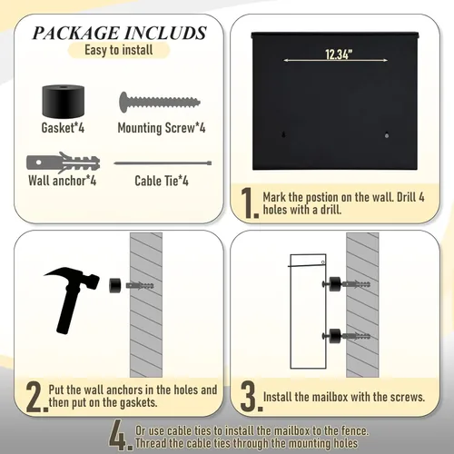Miniatura 7 de xydled Buzón de correo de montaje en pared para exterior, buzón de metal colgante de acero de gran capacidad, buzón moderno, negro, 14.6 x 12.2 x