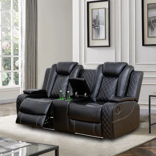 Miniatura 3 de Juego de sofá reclinable eléctrico, sofá reclinable de cuero de aire con LED/portavasos/almacenamiento, 2 muebles de sala de estar, sofá de cuero