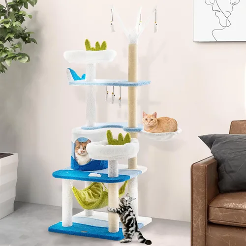 Miniatura 3 de Tangkula Árbol para gatos con temática oceánica, torre para gatos de varios niveles con postes rascadores de sisal, condominio, perca, hamaca