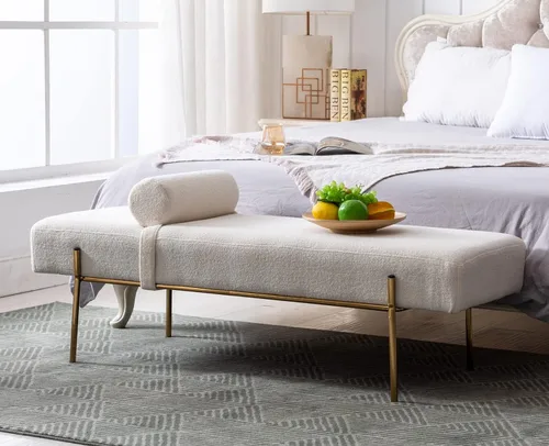 Moderno banco de entrada tapizado con almohada desmontable para sala de estar, banco otomano de piel sintética con patas de metal dorado, cómodo