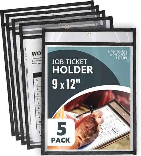 Paquete de 5 portadores de boletos de trabajo de 9 x 12 pulgadas - Fundas de plástico para órdenes de trabajo para documentos - Portadores de