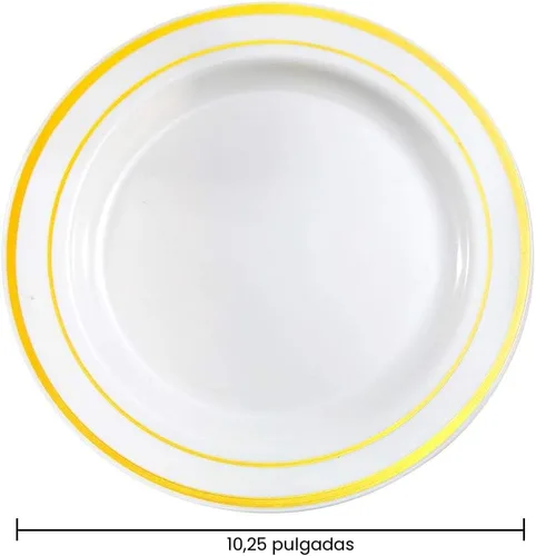 Miniatura 2 de bUCLA - 100 unidades de platos de plástico dorado - 10.25 pulgadas, platos blancos y dorados desechables para fiestas - Ideal para bodas, fiestas