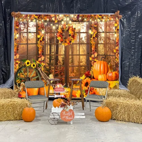 Miniatura 5 de Fondo de fotos de ventana de otoño de 7 x 5 pies, paisaje de bosque de otoño, hojas de arce, cosecha de calabaza, fondo de fotografía, tema