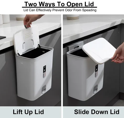 Miniatura 3 de Sooyee Bote de basura con tapa, cubo de basura pequeño de 2.4 galones, contenedor de plástico para abono colgante o de pie para Blanco