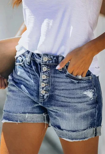 Miniatura 3 de HUUSA Pantalones cortos de mezclilla rasgados para mujer, cintura alta, desgastados, casuales, dobladillo enrollado, pantalones cortos con bolsillos