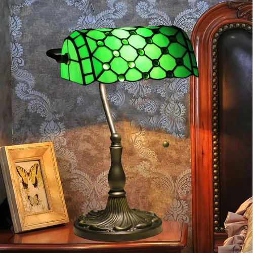 Miniatura 3 de Green Bankers - Lámpara de mesa vintage, luz de escritorio retro, lámpara de escritorio de oficina de vidrieras Tiffany, lámpara de cuentas