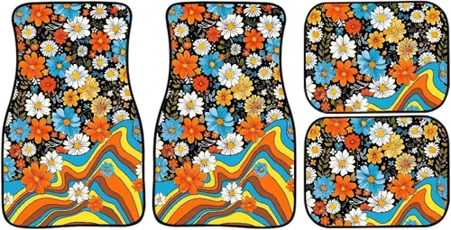 Miniatura 6 de 70S 80S Alfombra de suelo de automóvil con flores hippie y margaritas, 4 piezas, accesorio hippie para automóvil para mujeres, almohadilla de suelo