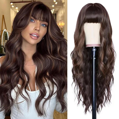 NAYOO Pelucas marrones con flequillo para mujer, pelucas de cabello largo y ondulado, resistentes al calor, pelucas de fibra sintética para uso