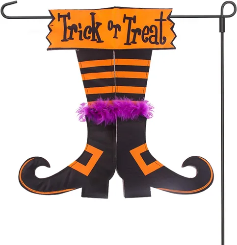 Bandera graduada de Feliz Halloween con pies de bruja de truco o trato, decoración para exteriores, decoración del hogar, doble cara (bandera de