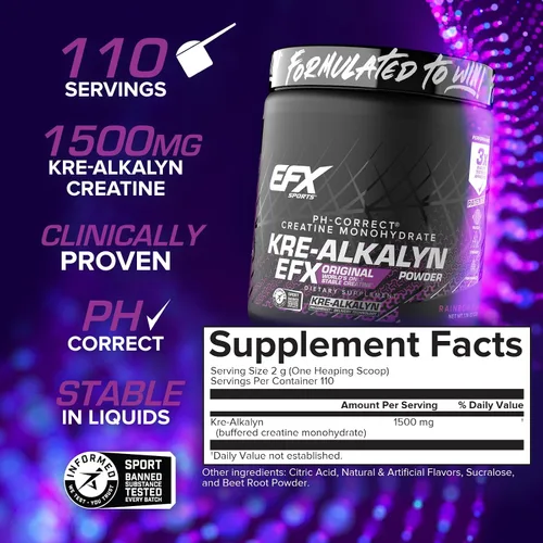Miniatura 3 de EFX Sports Kre-Alkalyn EFX Powder Suplemento en polvo de monohidrato de creatina pH correcto Fuerza, crecimiento muscular y rendimiento 110