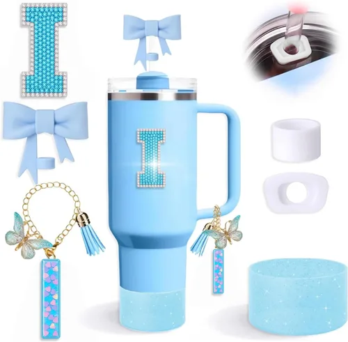 Miniatura 15 de Juego de 6 accesorios de copa Stanley color azul, adorno de pajilla con lazo para copa Stanley de 30 onzas, 40 onzas, incluye adorno de popote