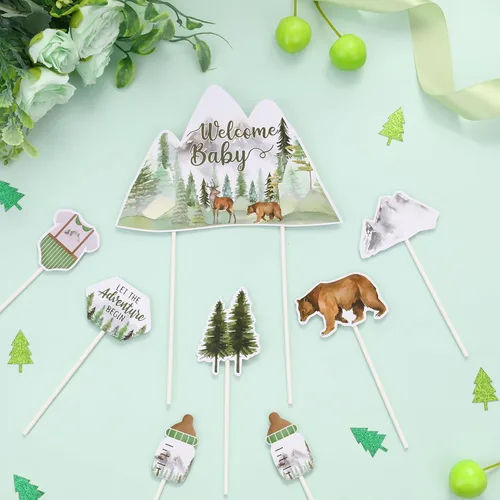 Miniatura 2 de Decoraciones para baby shower con texto en inglés "Let the Adventure Begin", 25 decoraciones para cupcakes, nuestra mejor decoración de aventura