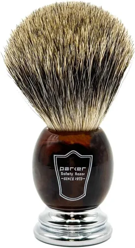Miniatura 2 de Parker - Cepillo de afeitar de tejón puro de 3 bandas con cuerno sintético y mango cromado + soporte, nudo suave de 0.866 pulgadas para espuma