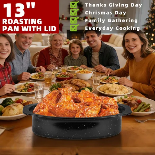 Miniatura 7 de DIMESHY - Sartén para asar de 13 pulgadas, esmaltada en acero, sartén ovalada cubierta en negro con tapa, pequeña olla para pavo, pollo pequeño