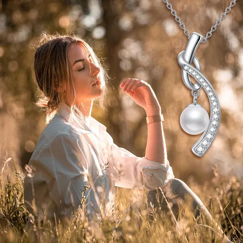 Miniatura 7 de Zoeniya Half Infinity - Collar con colgante de perlas cultivadas de agua dulce blanca auténtica de plata de ley s925 y circonita cúbica, diseño